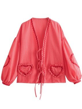 Red Gingham Heart-Pocket Tie-Front Cardigan Valentines
